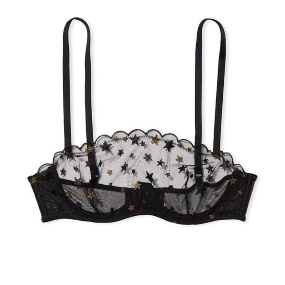 New! Victorias Secret black metallic star pattern mesh lace bra 10329